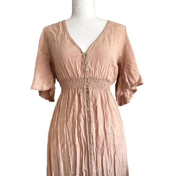 NWT Forever 21 Smocked Peach Maxi Dress Button Detail Cottagecore Prairie Church - Picture 4 of 10
